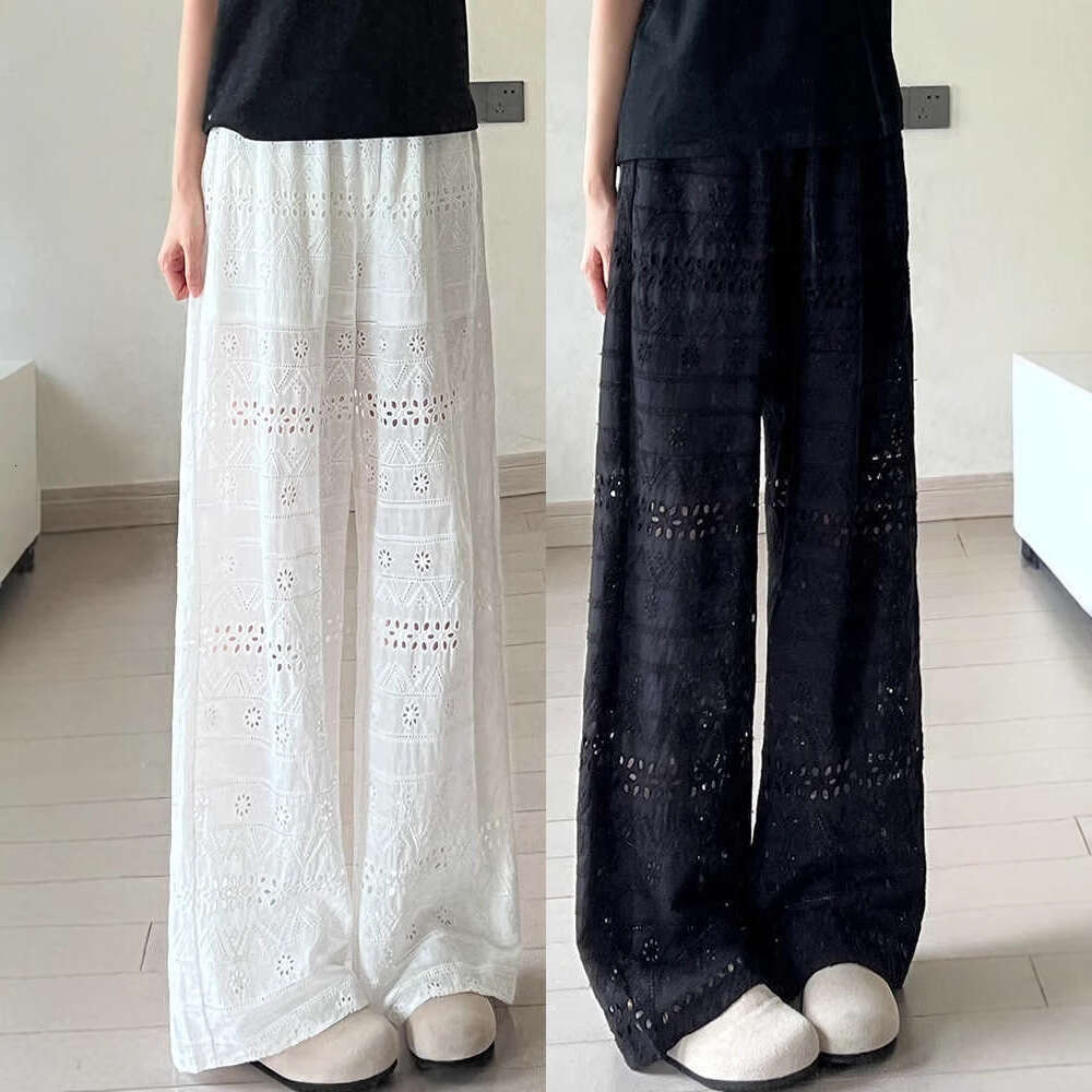 White Wide-Leg For Women Summer New Fashion Stylish Design Lace Hollow Casual Straight Pants Iins B5