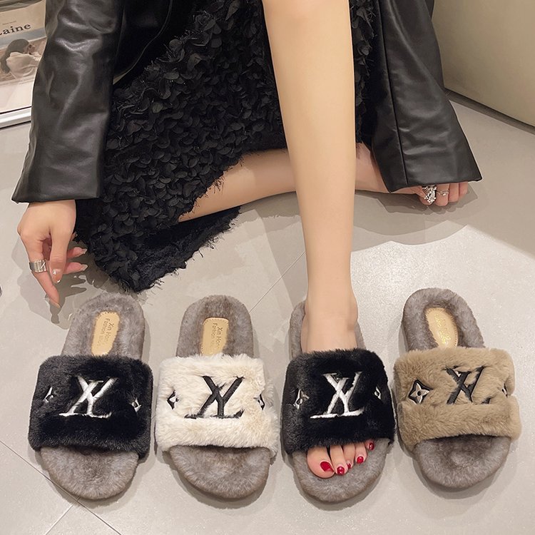 Free shipping designer's new embroidery home one line drag thick bottom color blocked letters for women wearing hairy slippers classics