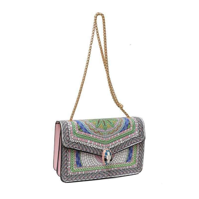 2025 New Color Block Print High-Quality Single Shoulder Korean Style Flap Trendy Chain Crossbody Bag Snake Head