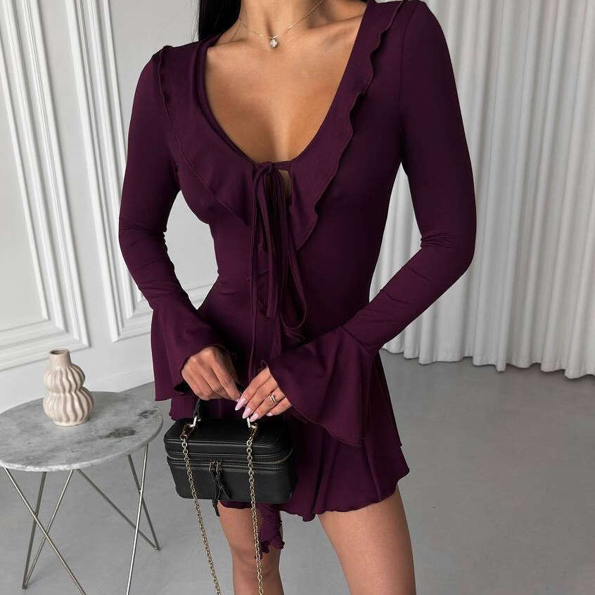 Women's Fashion New Ins Style Sexy Slim Fit Ruffled Long Sleeve Tie Dress B5