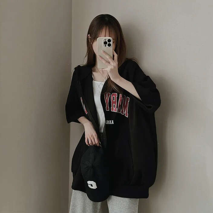 Short Sleeve Cardigan Niche Design Top Gray Sweatshirt Women Spring Summer Korean Style Loose Hoodie Zipper B5