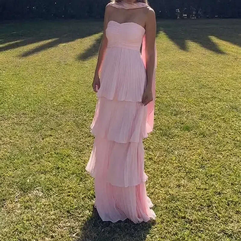 Women's Fashion Elegant Fashionable Sexy Solid Color Pleated Vacation Long Dress B5