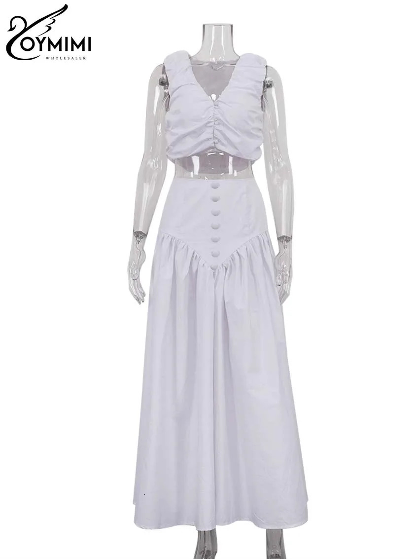 Oymimi Fashion White Cotton Sets Womens 2 Piece Elegant VNeck Sleeveless Crop Tops And Loose Button AnkleLength Skirts Sets 250709
