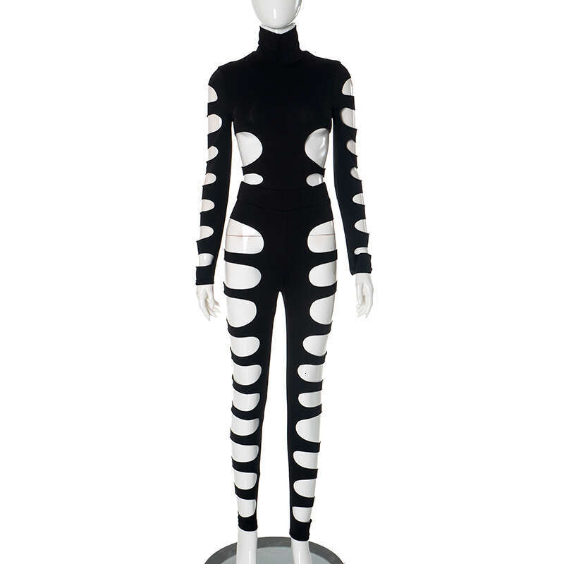 new Hollow Out Sexy Long Sleeve Bodysuit Asymmetric Hot Girl Personality Set B5