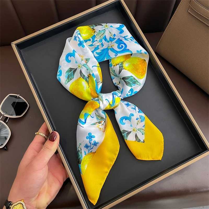 Summer Sunscreen Lemon Print 70cm Square Beach Silk Scarf Casual Elegant Thin Breathable Neck Women Head Wrap Hair Scarves Shawl M250709