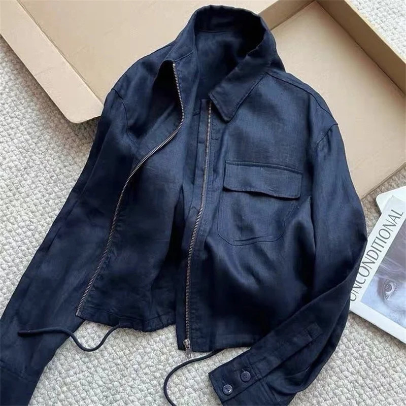 Limiguyue Loose Casual Navy Linen Cargo Short Coat Women Turn Down Collar Long Sleeve Zipper Jacket Korean Pocket Outerwear S596 250709