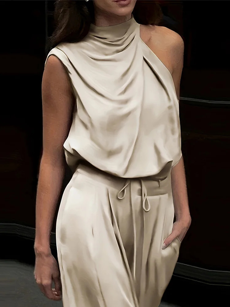 Solid Smooth Satin Two Piece Sets One Shoulder Sleeveless Shirts Lace Up Wide Leg Pant Female Summer Casual Loose Set 2025 250709