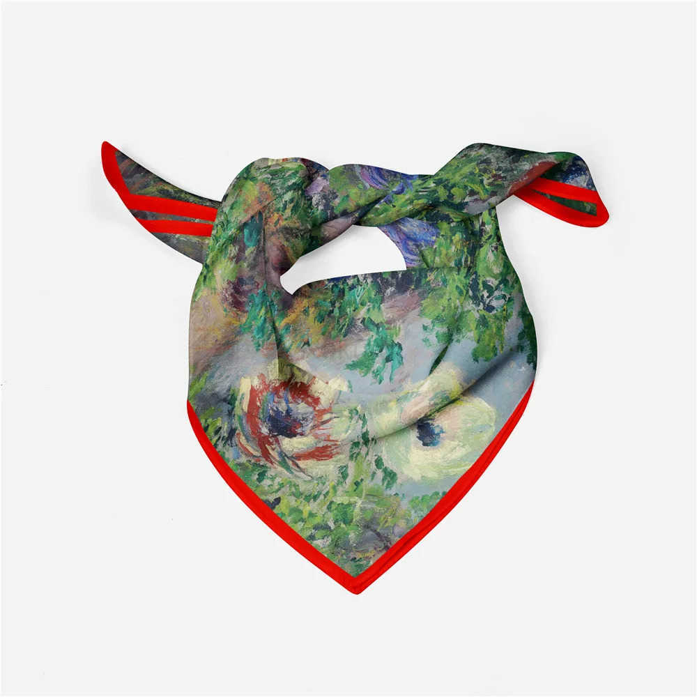 Monet Oil Painting Anemone Twill Silk Scarf Fashion Bandana Women Scarf Wraps 53cm Square Scarves Hijab Scarf Neckerchief M250709