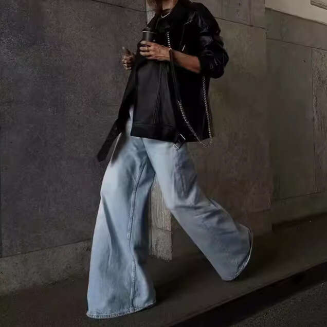 American Style INS Hot Girl Low Waist Loose Slimming Wide Leg Jeans Women Washed Versatile Denim Flared Floor-Length Pants B5