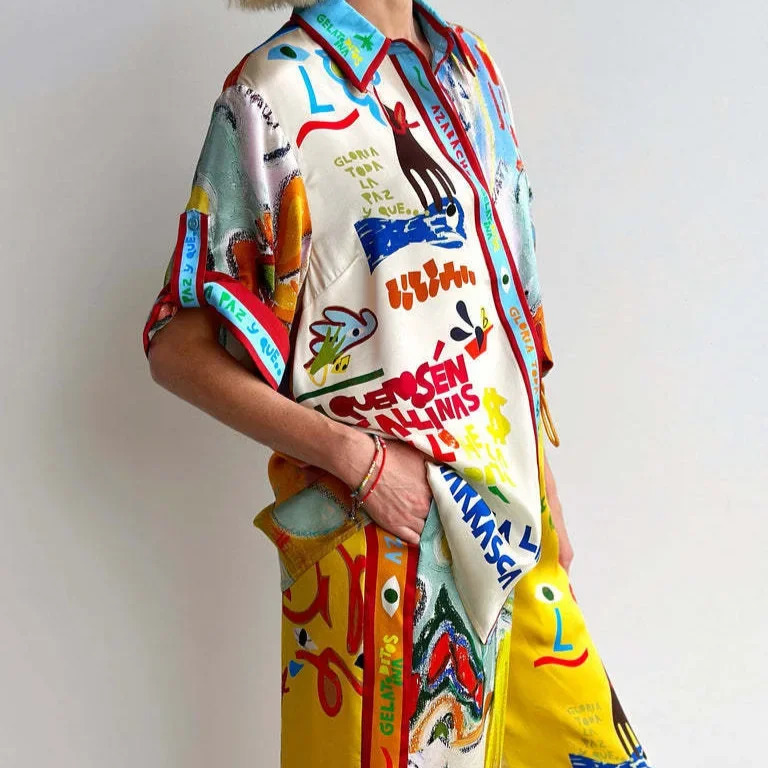 Graffiti Print Short Sleeve Color Block Holiday Casual Knot Set Womens Skirt Suit Fashionable Streetwear CrossBorder 250709