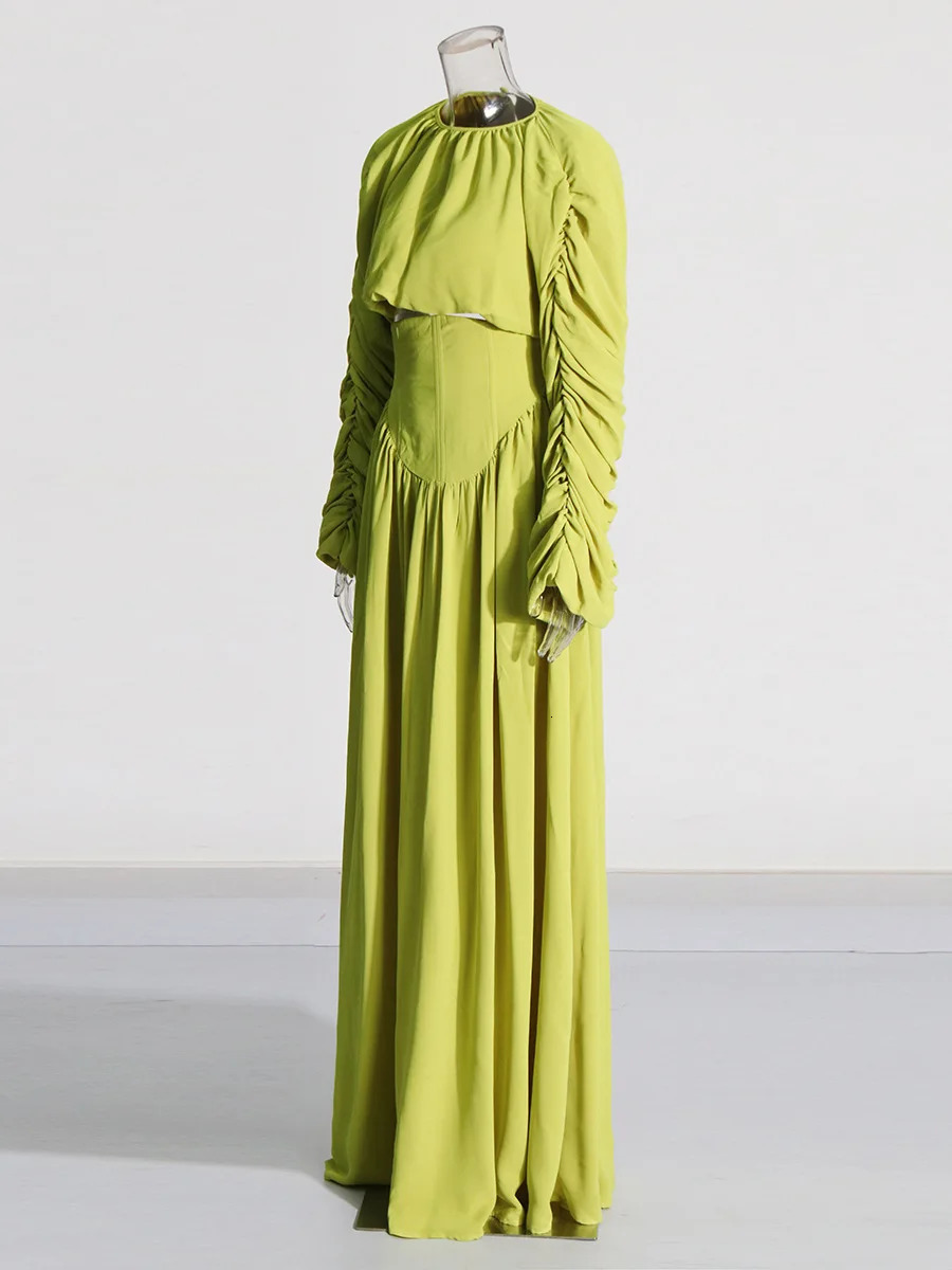 Autumn Fashion Round Neck Pleated Full Sleeve Short Top High Waist Long Skirt Two Piece Sets 250709