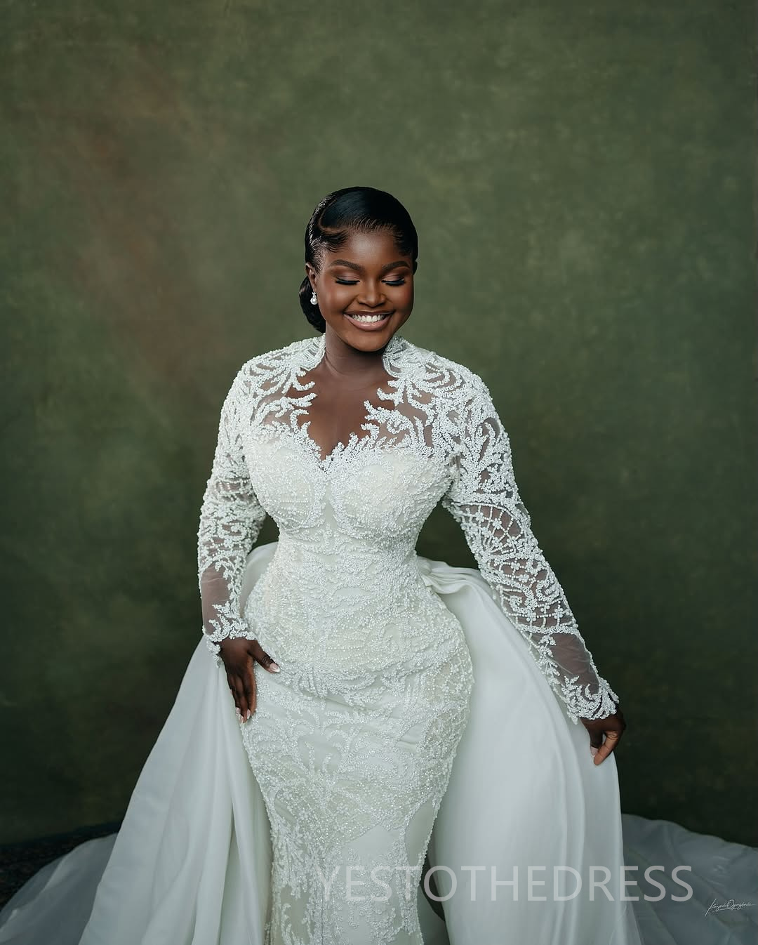 2025 Plus Size Mermaid Wedding Dress Bridal Gowns for Bride Illusion Detachable Train Long Sleeves Beaded Lace Crystals Ruffles Wedding Gowns for Marr