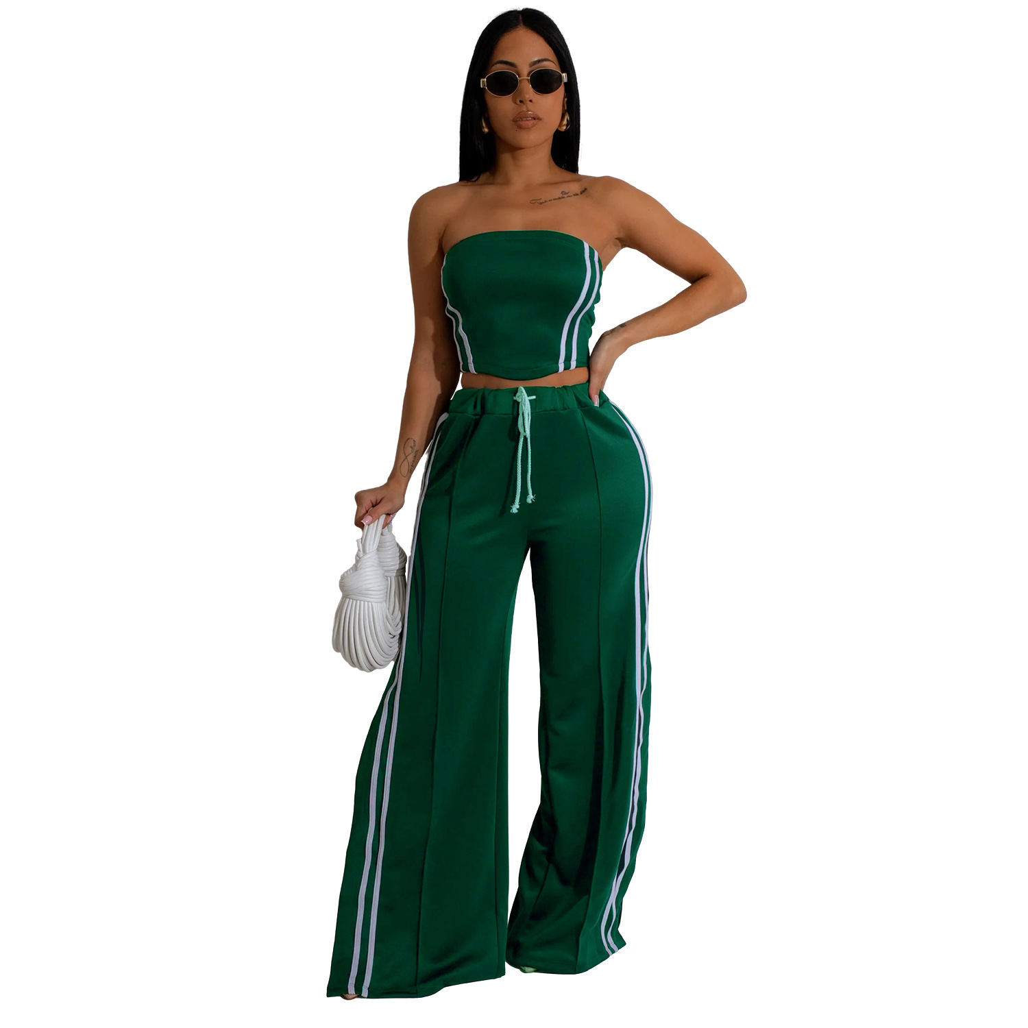 C7056 Summer Womens Outfit Sexy Strapless Top with Draped Straight-Leg Pants Fashion Set