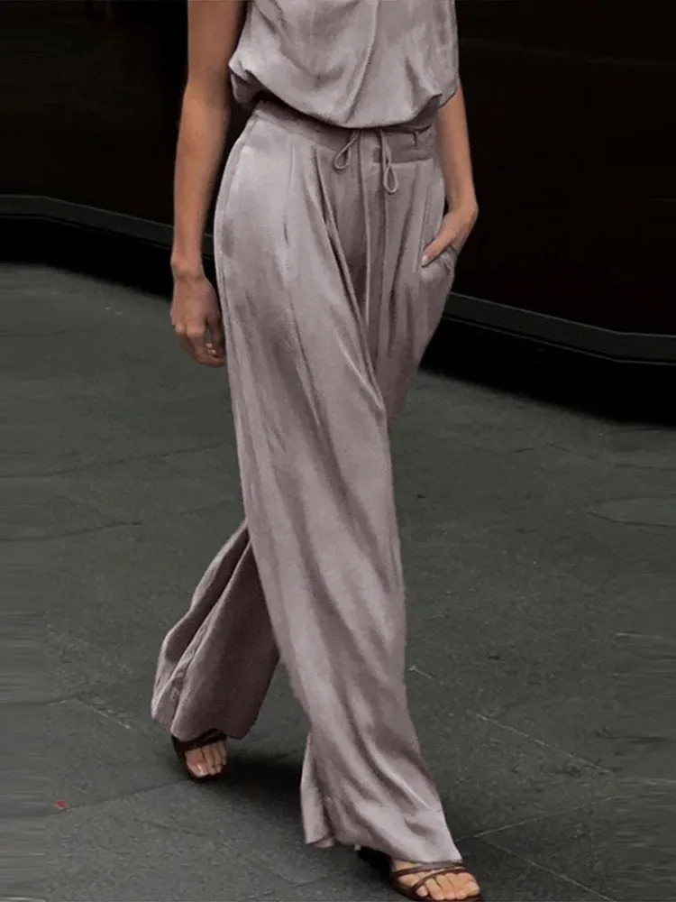 Solid Smooth Satin Two Piece Sets One Shoulder Sleeveless Shirts Lace Up Wide Leg Pant Female Summer Casual Loose Set 2025 250709