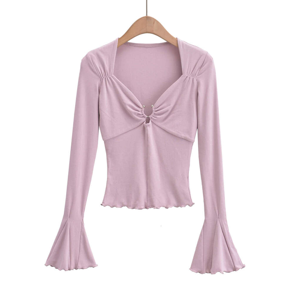 Sexy Hot Girl Collarbone-Exposing Square Neck Metal Ring Hollow Long T-Shirt Women Autumn Flared Sleeve Slim Fit Base Shirt B5