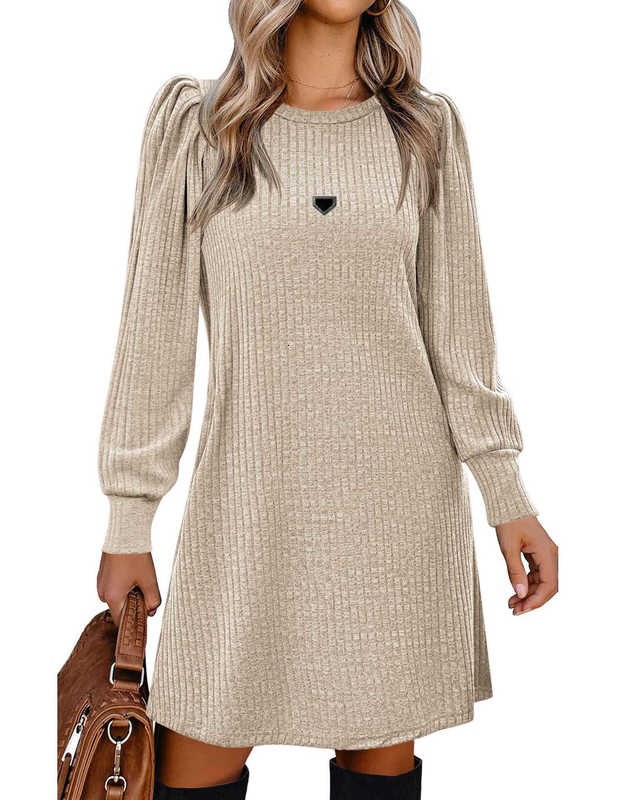 Basic & Casual Dresses Designer luxury high end designer Autumn Winter Brushed Ribbed Solid Color Round Neck Puff Sleeve Mid-Length Dress for Women's Fashion N3K8