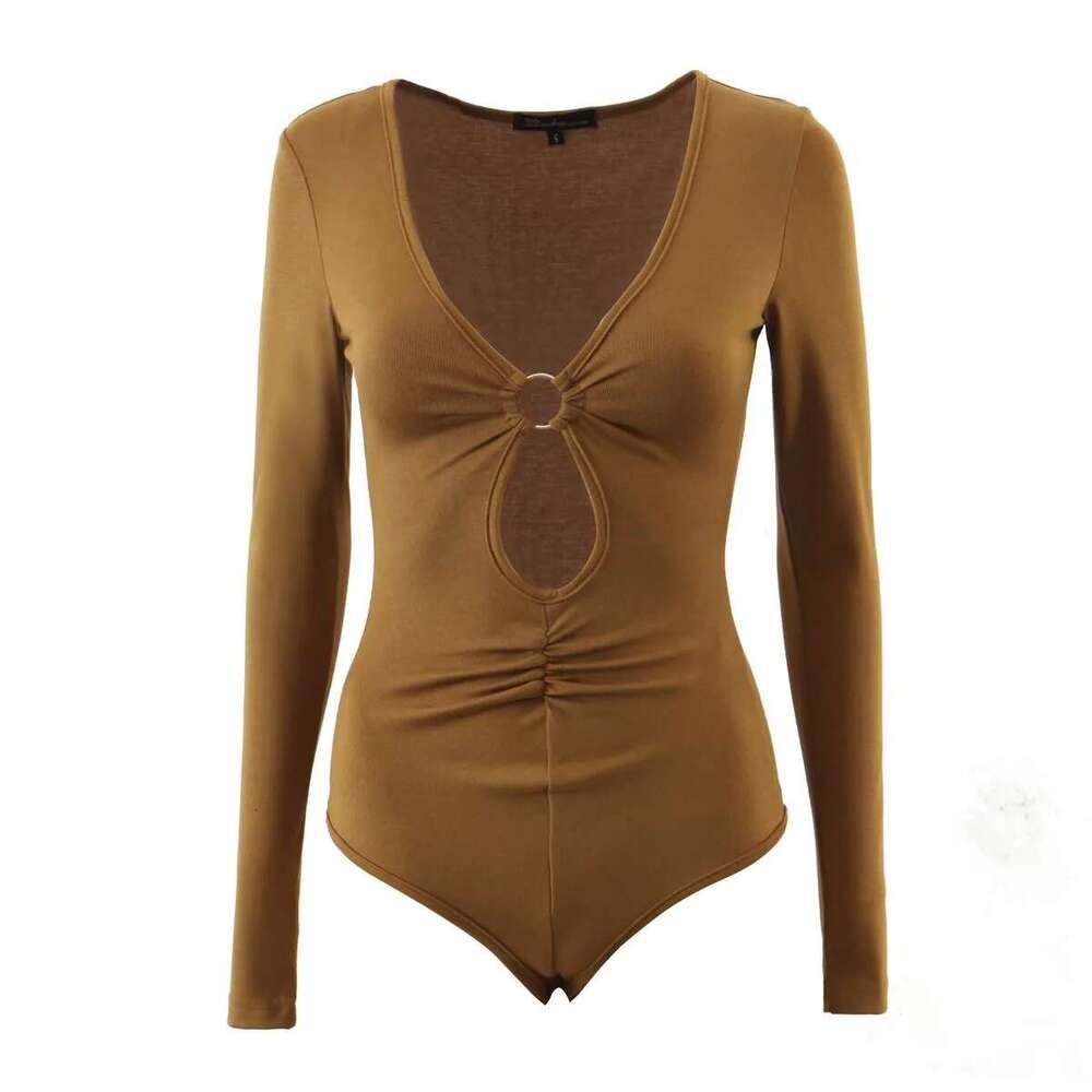 Ins Hot Girl Sexy Low-Cut Tight Hollow Out Jumpsuit Women Solid Color Slim Fit Long Sleeve Base Shirt T-Shirt B5