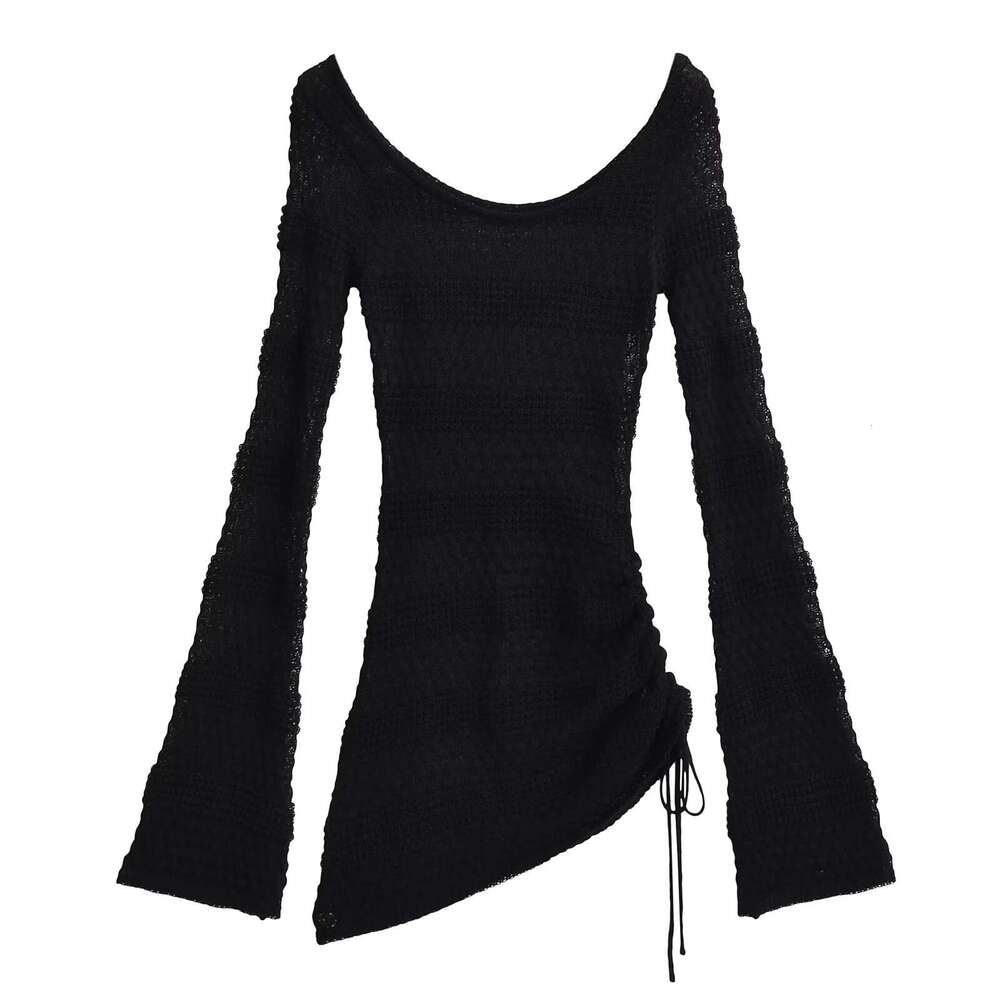 Autumn New Hot Girl Lazy Style Round Neck Hollow Out Flared Sleeve Sweater Women Waist-Cinching Knitted Cover-Up Top B5