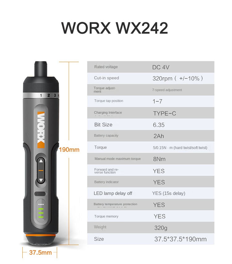 WORX WX242 4V Cordless Electric Screwdriver Kit - Compact Smart Power Tool with Lithium-Ion Battery, USB Rechargeable, 30-Piece Bit Set & Full Drill/D