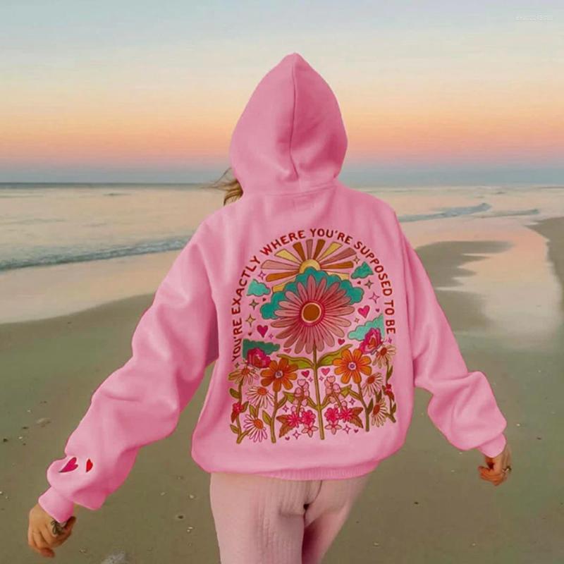 Women's Hoodies Combhasaki Women Floral Letter Hooded Pullover Cozy Stylish Long Sleeve Loose Sweatshirts With Kangaroo