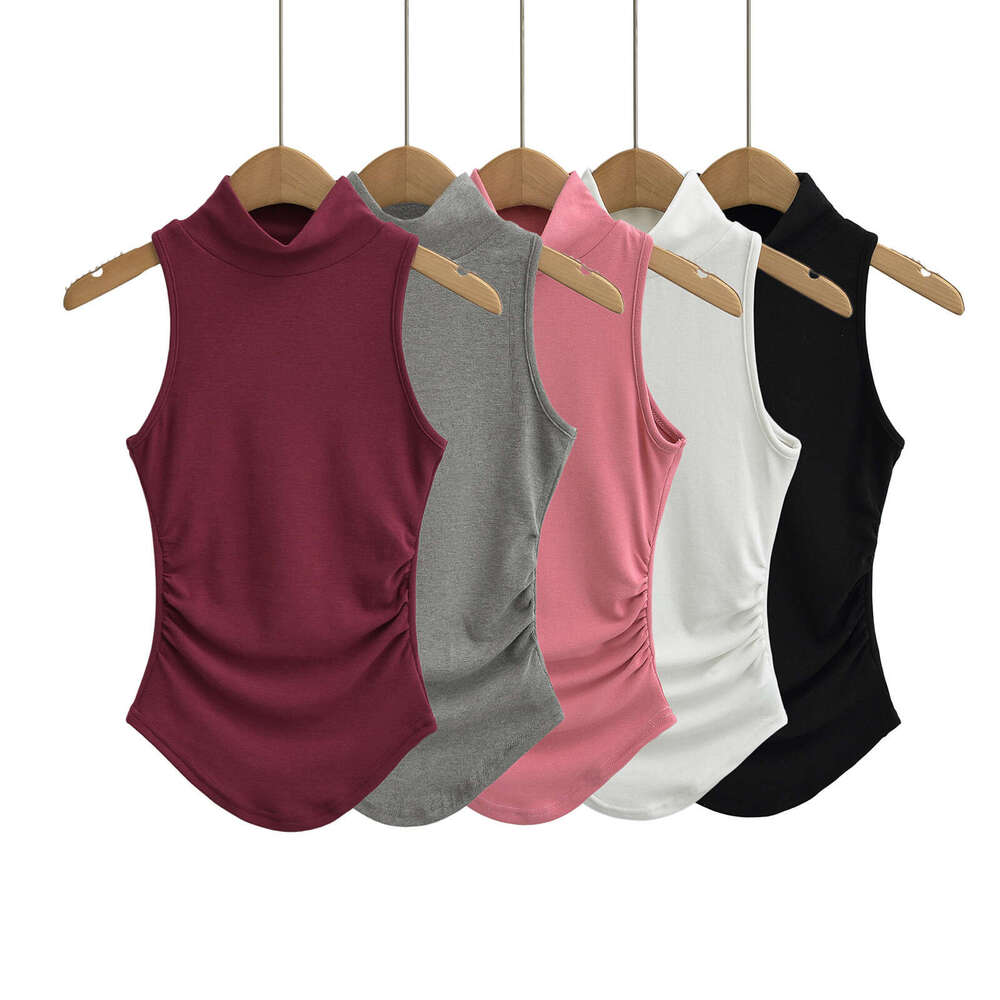 Hot Girl Half High Collar Curved Hem Tank Women Summer Inner Wear Ruched Tight Sleeveless Base Shirt Top B5