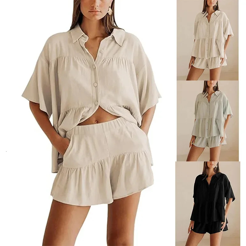Womens Summer Shirt and High Waist Shorts Set Polyester Fiber Skirt Ensemble TwoPiece Suit from Mainland China 250709