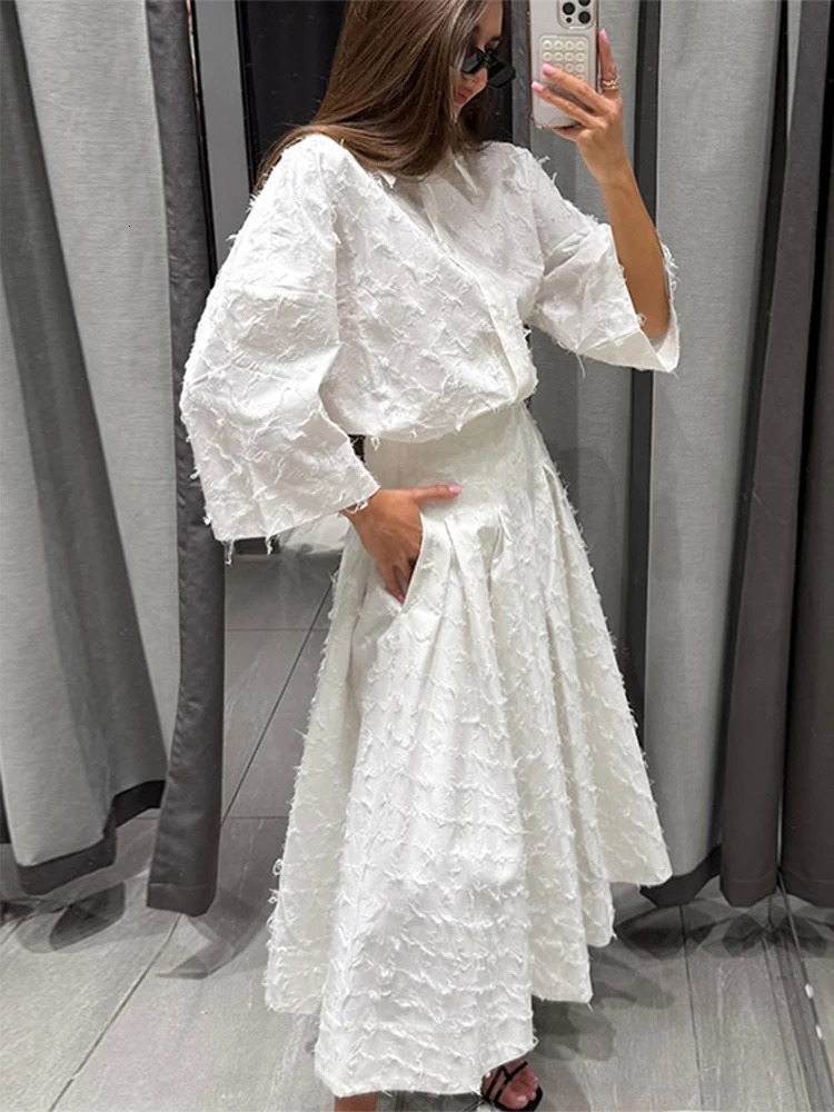 Summer Street Lady Sets Elegant Shirt Skirt Set for Women with Lapel Long Sleeve Loose Tshirt and High Waist Pleated Skirts 250709