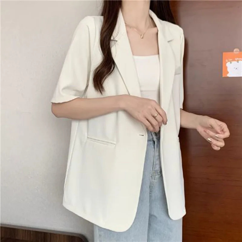 White Shortsleeved Blazer Jacket Women Summer Chic Single Button Notched Collar Outerwear Ladies Korean Loose Office Suit Coat 250709
