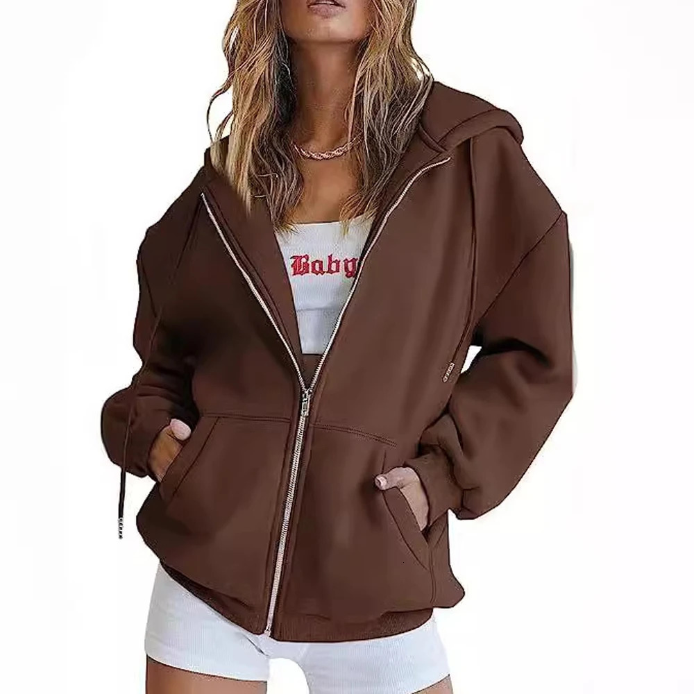Women Sweatshirt Coats Autumn Female Hoodie Zip Up Pocket Loose Solid Color Cardigan DJFZWY1277 250709