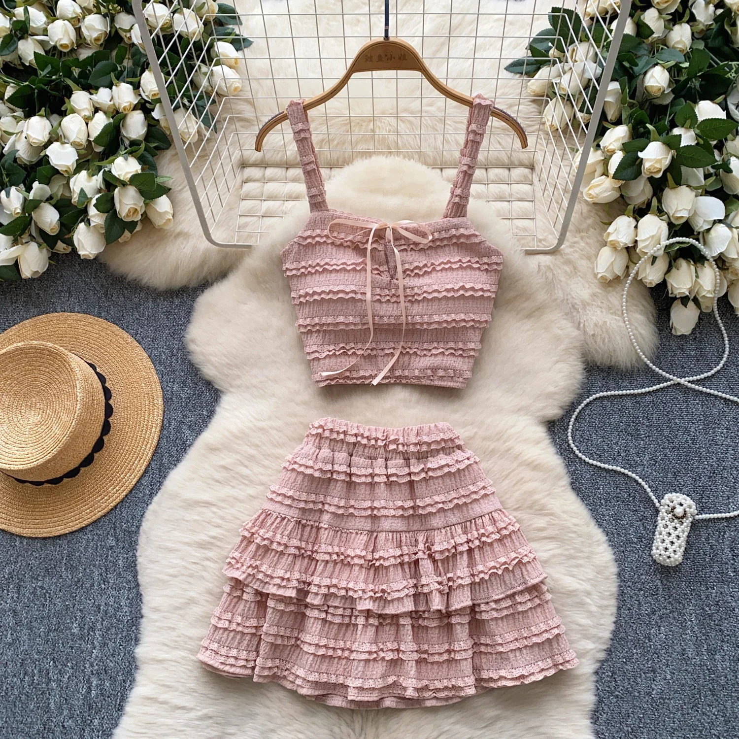 Summer Sweet Ruffles 2pcs Sets Women Square Collar Bow n Strap Crop TopsSolid Ruched Skirt Chic Gentle Suits 250709