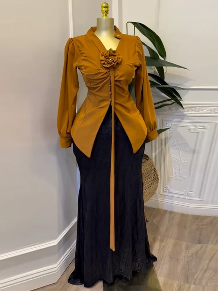 Two Piece Dress Sets Women Outfits 3D Floral V Neck Blouse Maxi Skirt Perfect for Church Weddings or Formal Daytime Events 250709