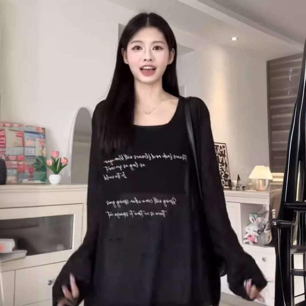 Women's Summer Letter Print Loose Semi-Sheer Top Large Neck Sun Protection Air Conditioning Cover-Up Long Sleeve Cool T-Shirt B5