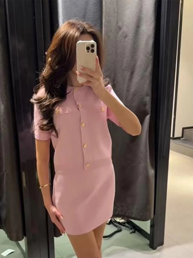 Knitted Mini Skirt Sets for Women 2 Pieces Short Sleeved Suit Casual Two Piece Set Summer Outfit 250709