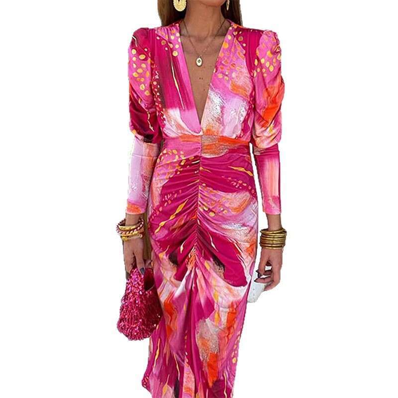 Za Women's Clothing Summer New French Print V-Neck Slim Fit Leg-Of-Mutton Sleeve Long Dress B5