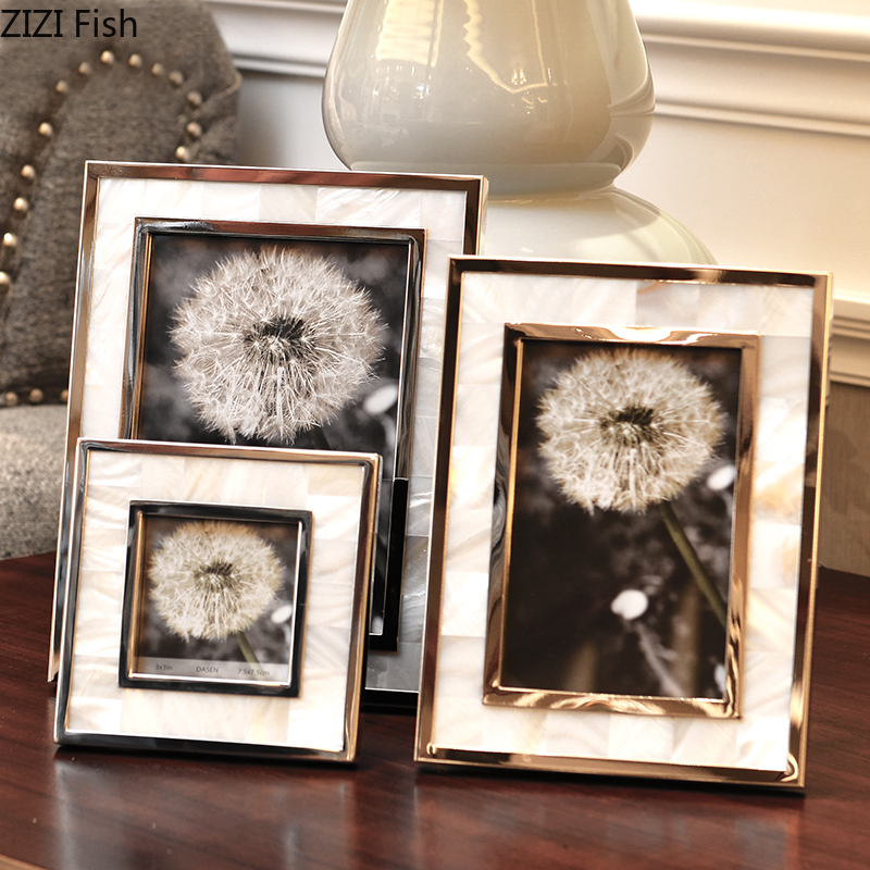 Golden Alloy Photo Frame Natural Shell Material Framed Family Portrait Nightstand Desk Decoration 4/6/7 Inch Picture Frames H260306