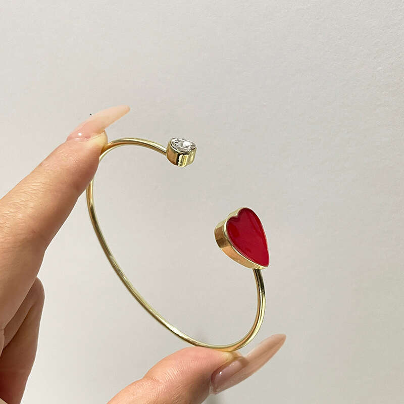 DHCollections Adjustable Heart Bracelet - Trendy Korean-Style Cuff Bangle with Crystal Accents for Women (Red/Black, 8.4g Lightweight)