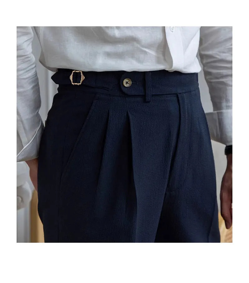 Italian Style Naples Shorts Men Summer Seersucker High Waisted Paris Buckle Suit Middle Pants England Business Casual Shorts 250707
