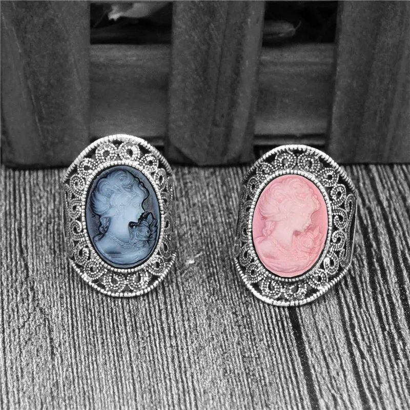 Oval Lady Queen Cameo Rings For Women Vintage Hollow Flower Rings Antique Silver Plated Cocktail Party Fashion Jewelry