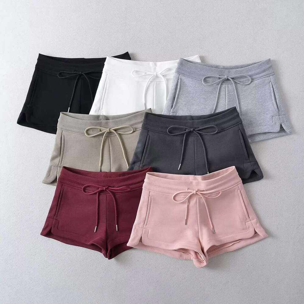 Spring Summer American Style Low Waist Sports Casual Drawstring Tie Shorts For Women With Small Slit And Hip-Hugging Hot Pants Trend B5
