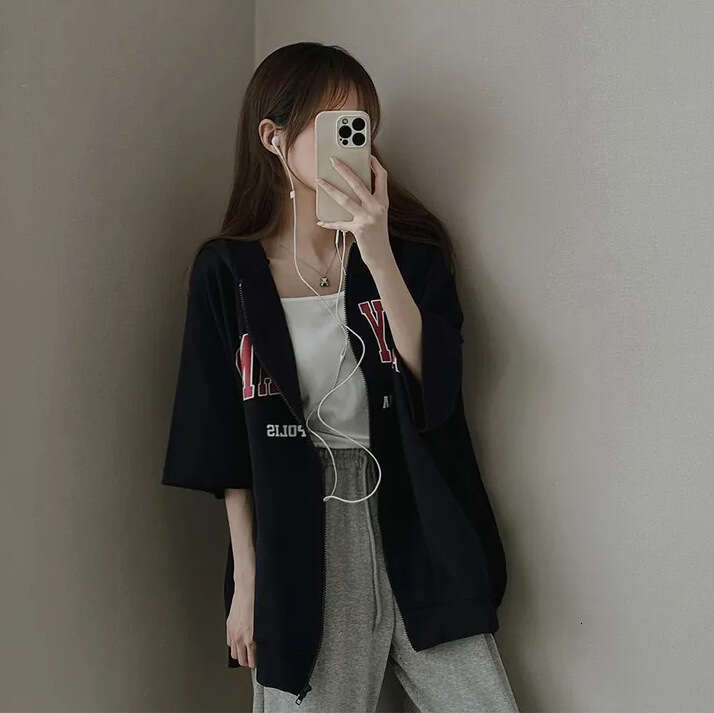 Short Sleeve Cardigan Niche Design Top Gray Sweatshirt Women Spring Summer Korean Style Loose Hoodie Zipper B5