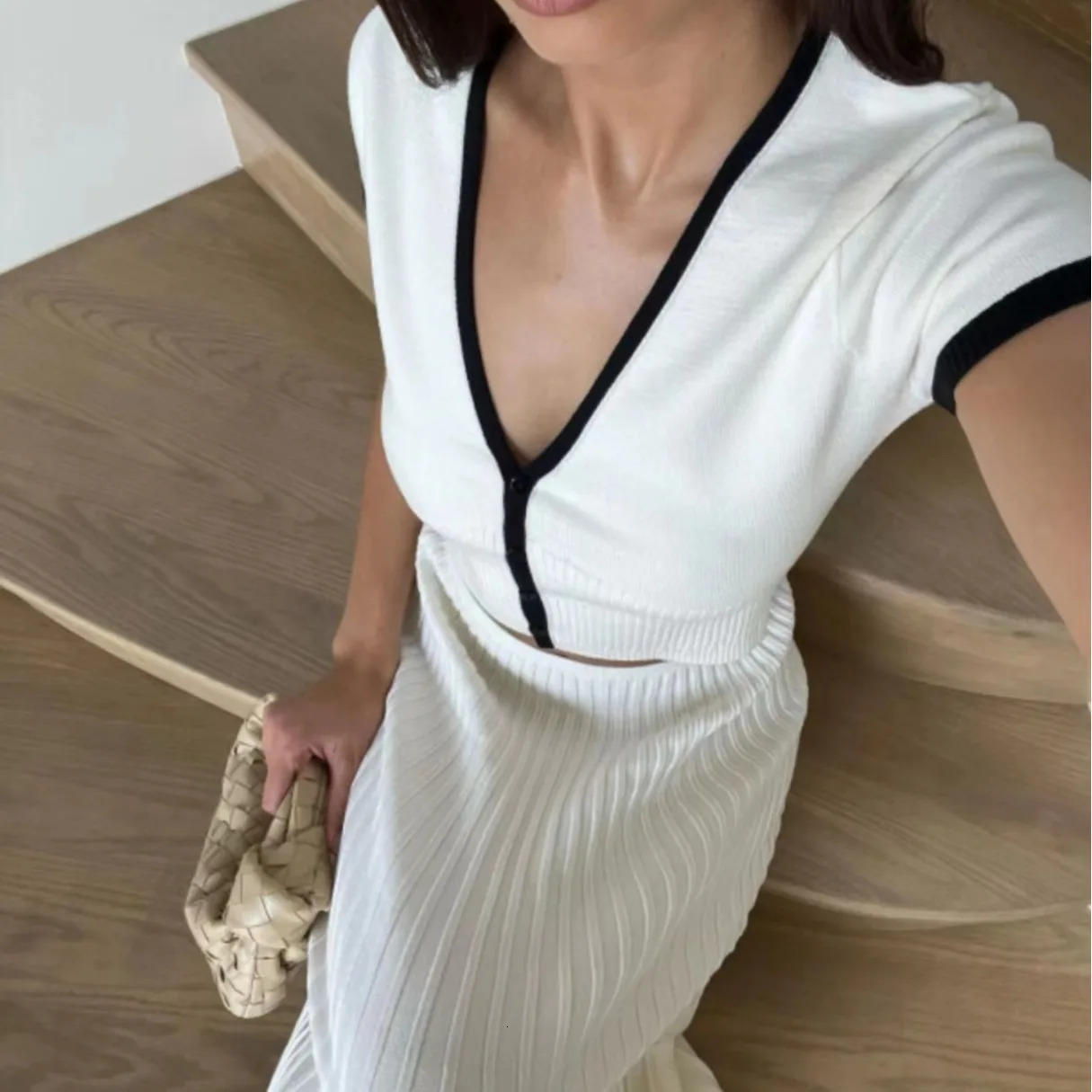 Summer Knit Patchwork 2 Piece Sets Women Crop Top Long Aline Skirts Matching Suit Knitwear Slim Fit Pleated Skirt Outfits 250709