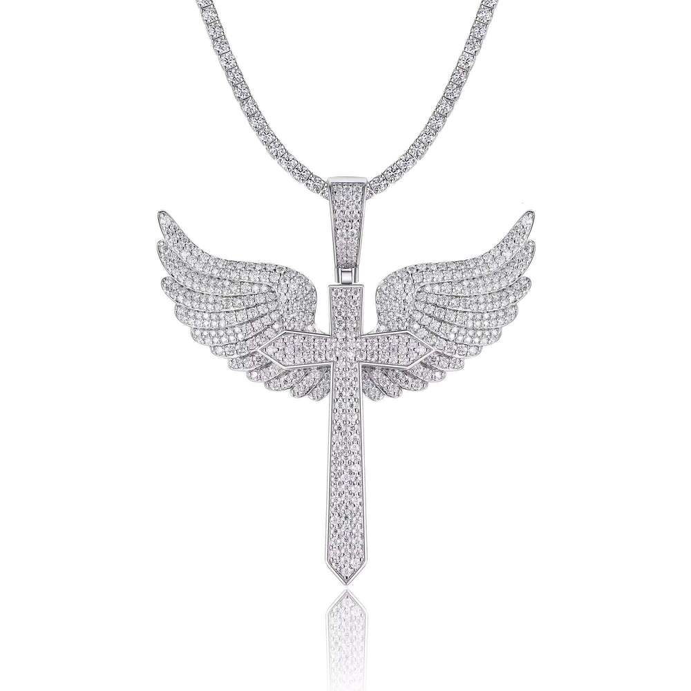 Full Moissanite Cross Pendant Necklace with Angel Wings Sterling Sier Gold Plated Streetwear Gift Men Women