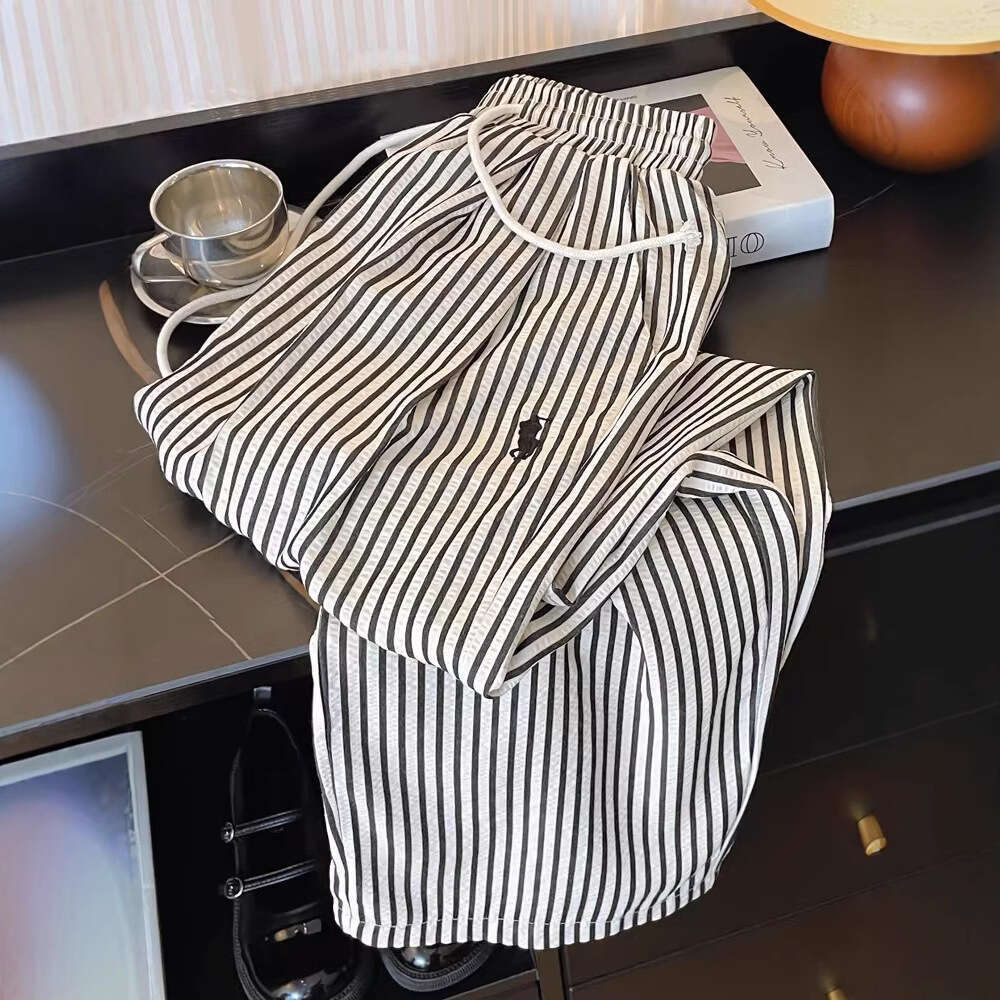 Fashion Vertical Striped Lazy Style Straight Wide Leg Embroidered Long Spring Autumn Casual Black White Scimitar Walking Pants For Women B5
