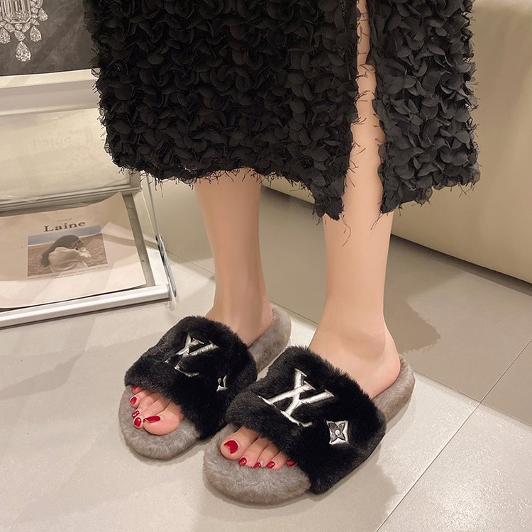 Free shipping designer's new embroidery home one line drag thick bottom color blocked letters for women wearing hairy slippers classics