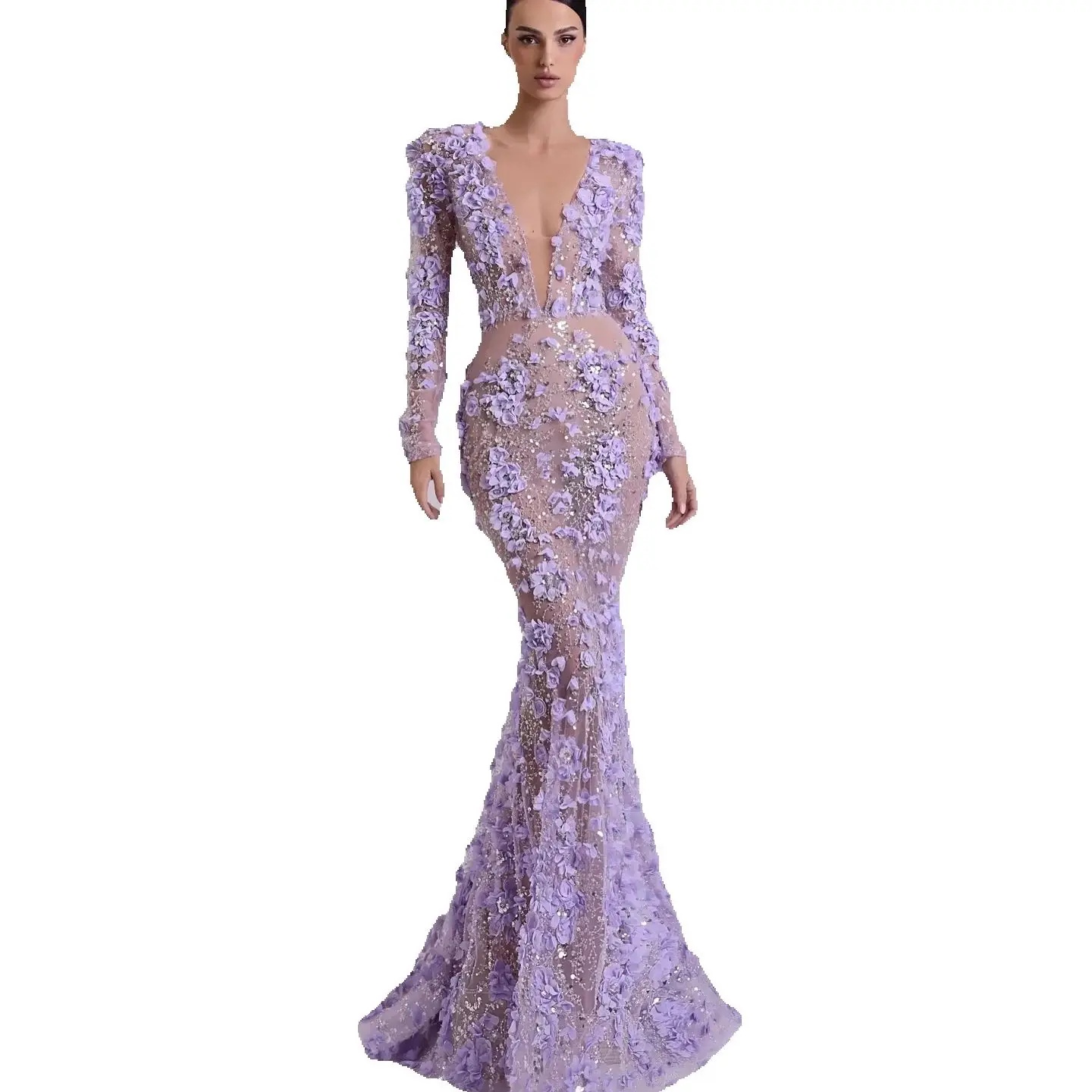 Elegant 3D Floral Appliques Prom Dresses Elegant Deep V Neck Beaded Evening Dress See Through Long Sleeve Party Gown Customized