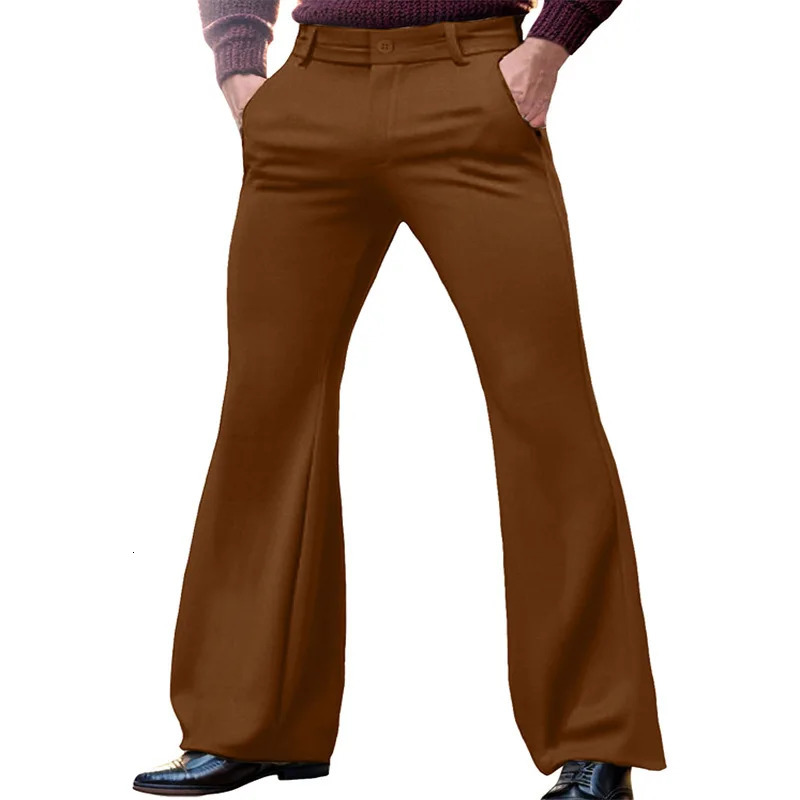 Mens Solid Color Stretch Slim-fit Slash Pocket Business Casual Stylish Bell-bottom Pants 250703