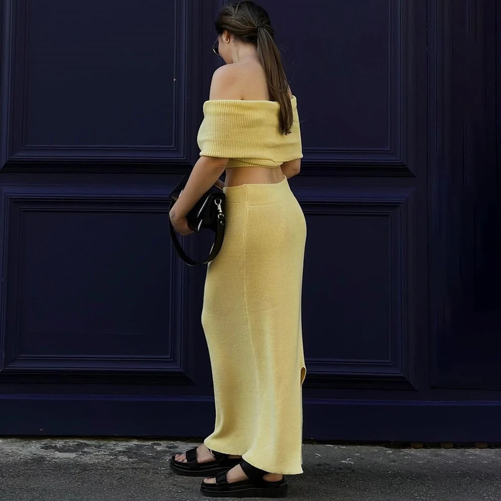 Tuularose Knitted Skirt Twopiece Set Womens Summer One Shoulder Sleeveless Top High Waist Slit Casual Lady Set 250709