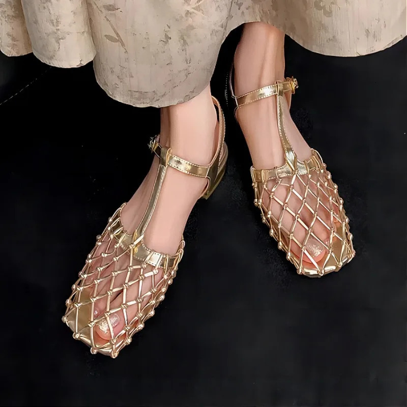 Women Weave Mesh Sandals Square Toe Low Heels Mules Shoes Open Woman Summer 2025 Trend Dress y Pumps Mujer 250703