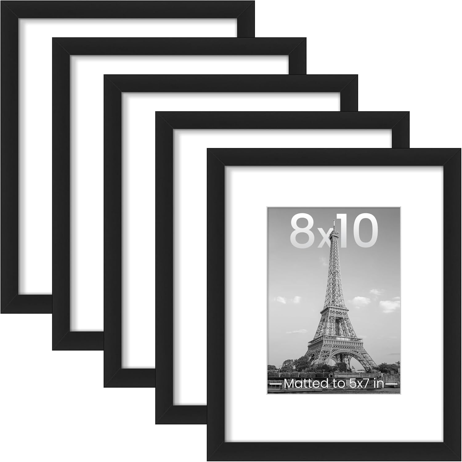 8x10 Picture Frame Set of 5, Display Pictures 5x7 with Mat or 8 x 10 Without, Wall Gallery Photo Frames, White/Black H260306