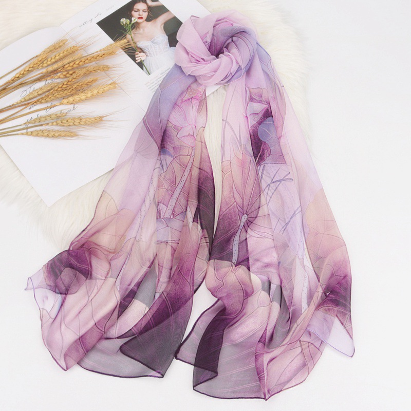 K1300 High-quality georgette printed small silk scarf for women Korean imitation silk long thin silk scarf elegant lotus decorative scarf